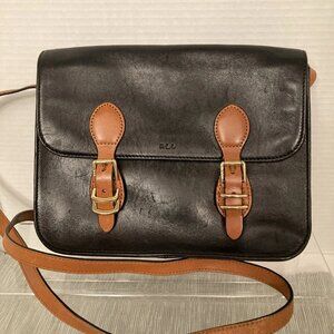 LRL Lauren Two-tone Black Brn Leather Crossbody Purse Satchel Equestrian Preppy